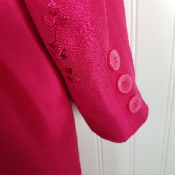 Newport News Silk Long Blazer Jacket Knee Length Embroidered Flowers Pink Sz 12 - Picture 2 of 13